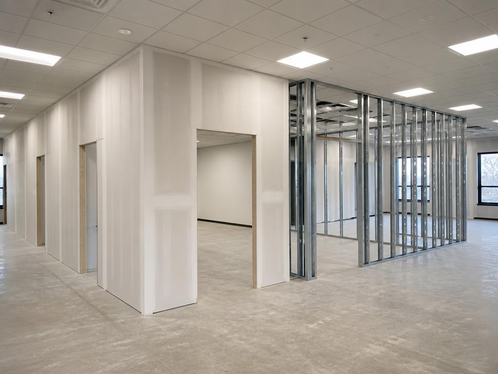 Commercial office build-out with new drywall partitions